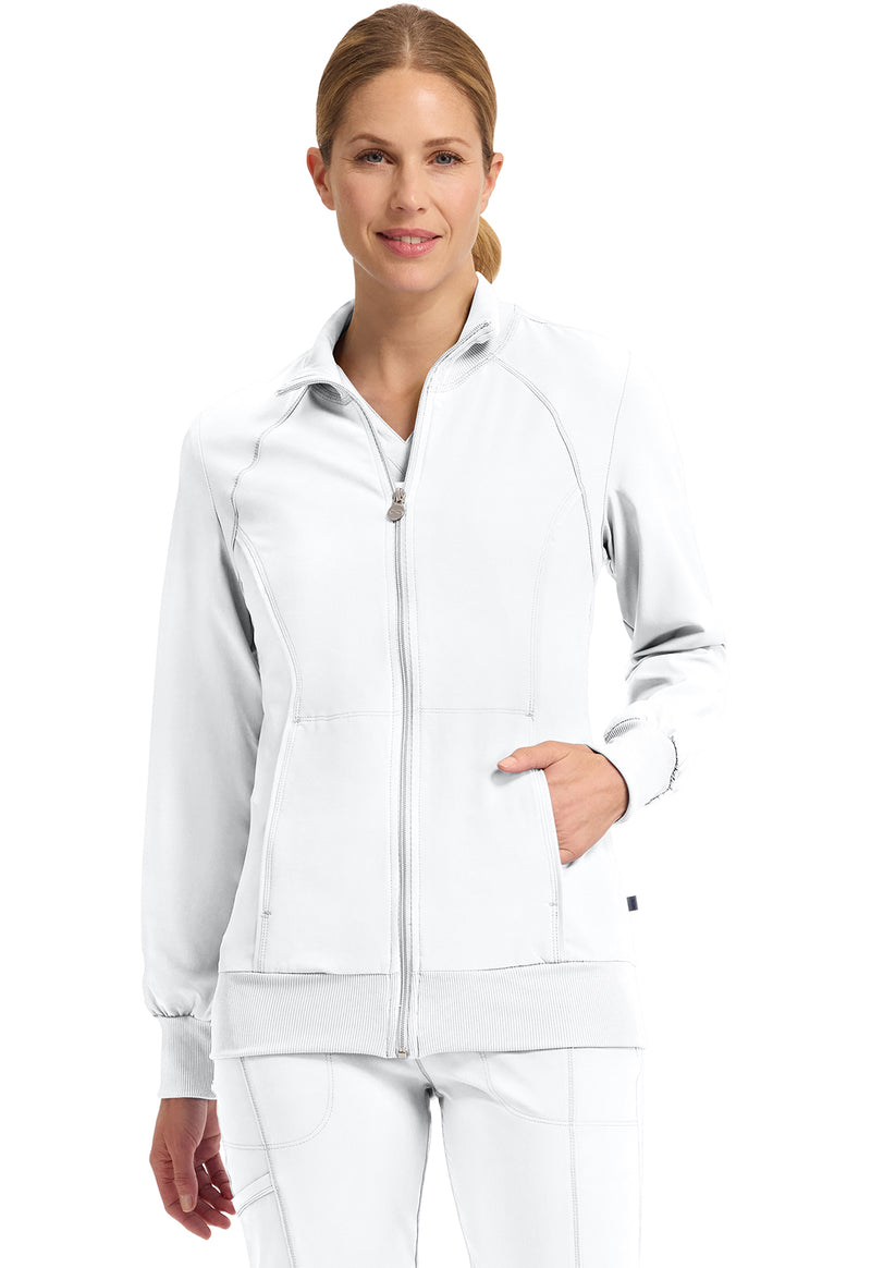 White - Cherokee IN Infinity Women Scrub Jacket - Front View