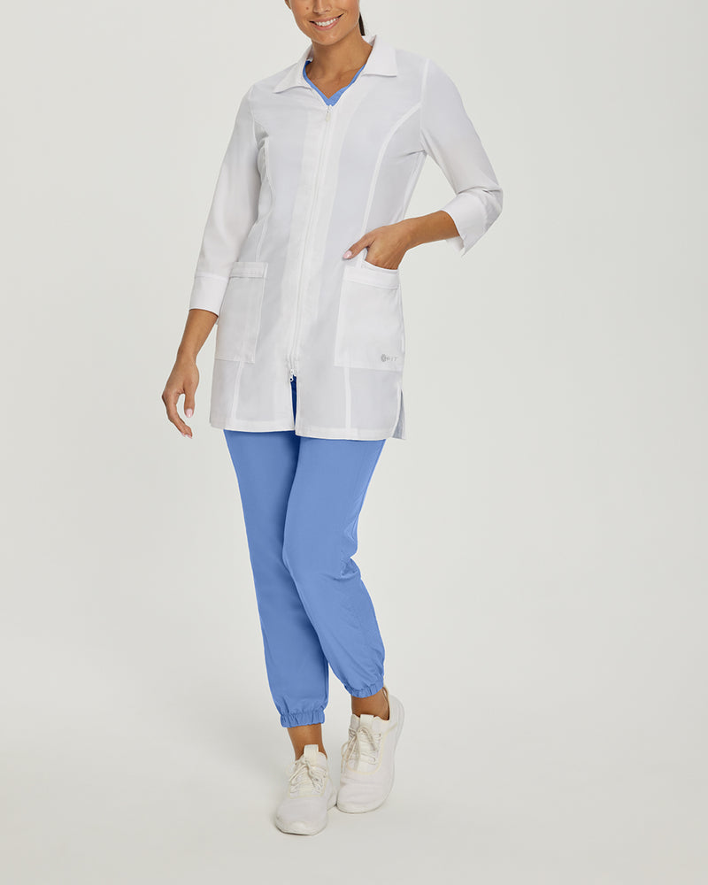 White - White Cross Fit Women's 3 Pocket Zip Front Mid-Length Medical Lab Coat for Healthcare Professionals