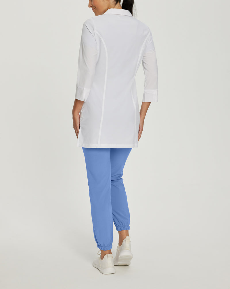 White - White Cross Fit Women's 3 Pocket Zip Front Mid-Length Medical Lab Coat for Healthcare Professionals