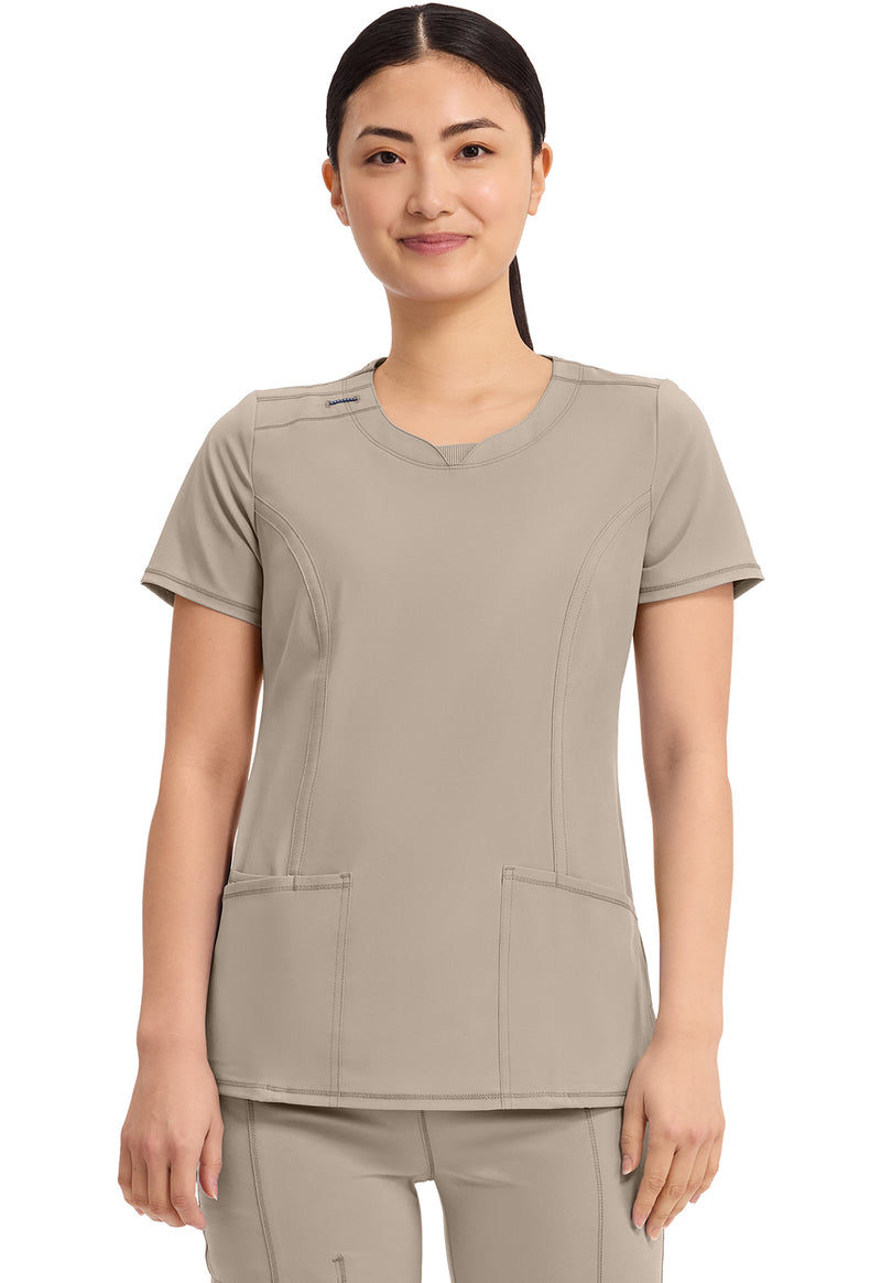 Khaki - Cherokee IN Infinity Women Scrub Top - Front View
