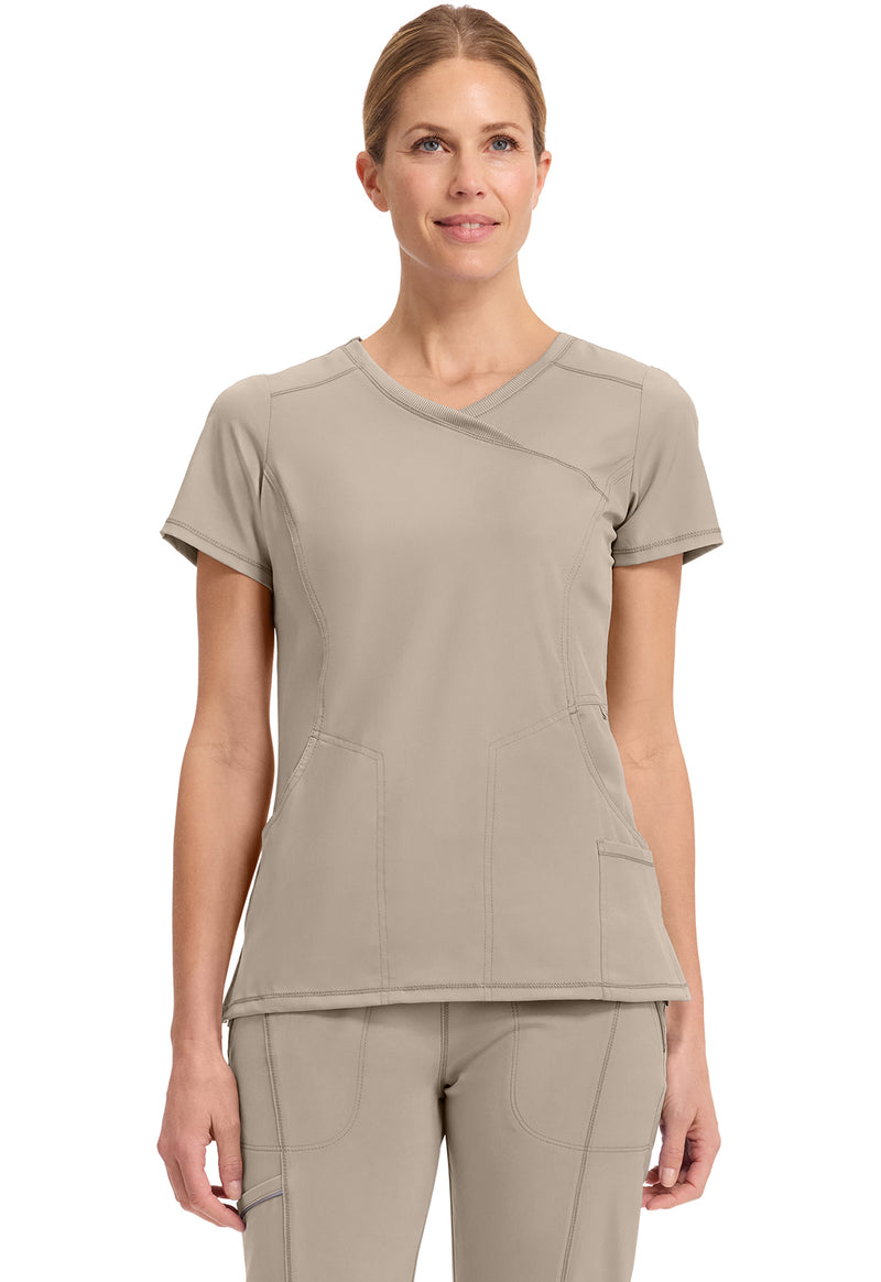 Khaki - Cherokee IN Infinity Women Scrub Top - Front View