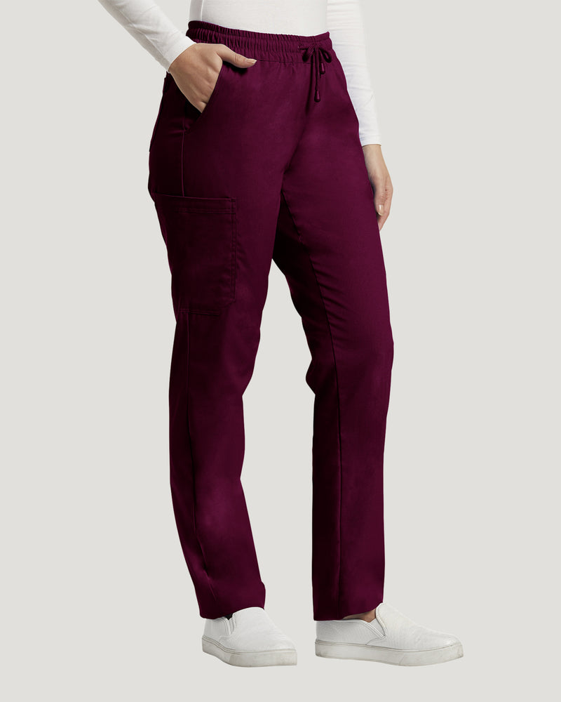 Burgundy - White Cross Duo Women's 6 Pocket Cargo Drawstring Scrub Pants for Nursing