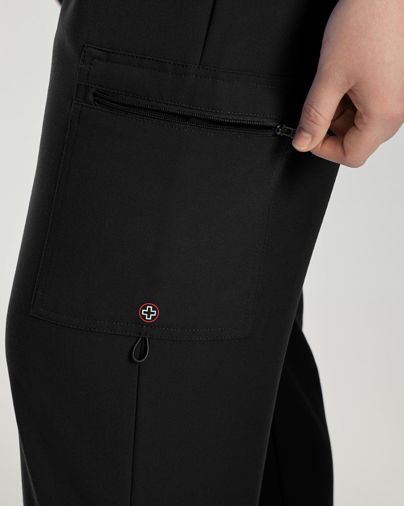 Black - White Cross V-Tess Women's 6 Pocket Zipper Cargo Drawstring Scrub Pants Tall for Nursing