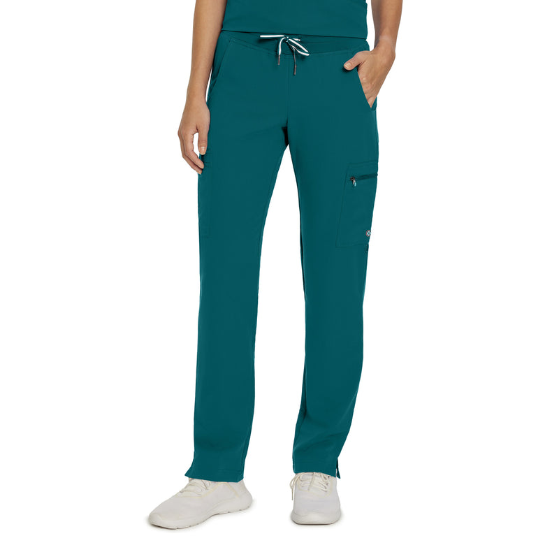 Caribbean Blue - White Cross V-Tess Women's 6 Pocket Zipper Cargo Drawstring Scrub Pants Tall for Nursing