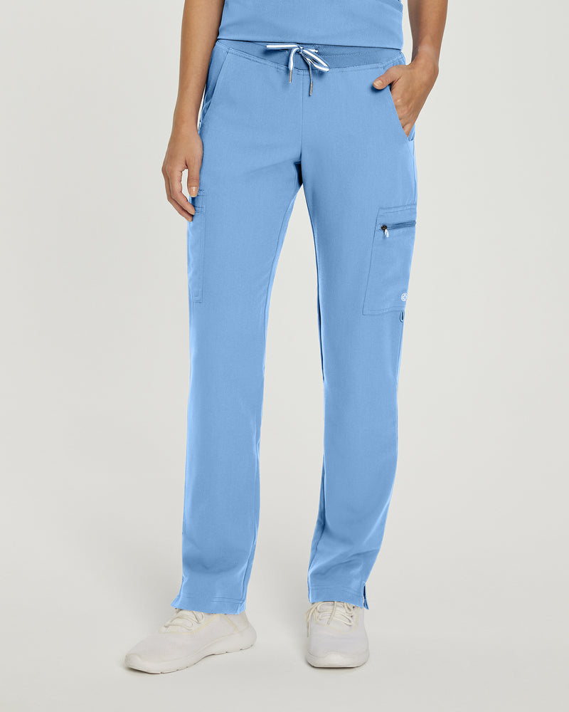 Ceil Blue - White Cross V-Tess Women's 6 Pocket Zipper Cargo Drawstring Scrub Pants Tall for Nursing