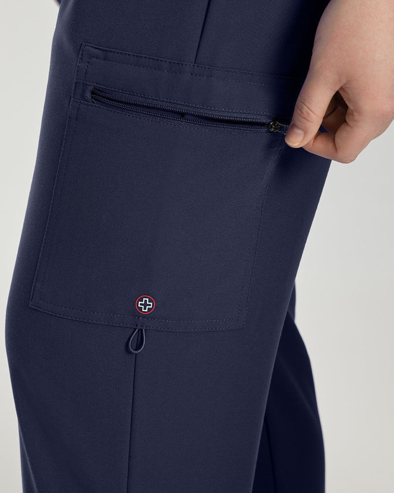 Navy - White Cross V-Tess Women's 6 Pocket Zipper Cargo Drawstring Scrub Pants Tall for Nursing