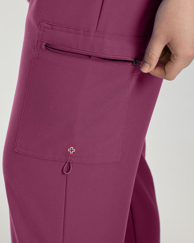 Raspberry Coulis - White Cross V-Tess Women's 6 Pocket Zipper Cargo Drawstring Scrub Pants Tall for Nursing