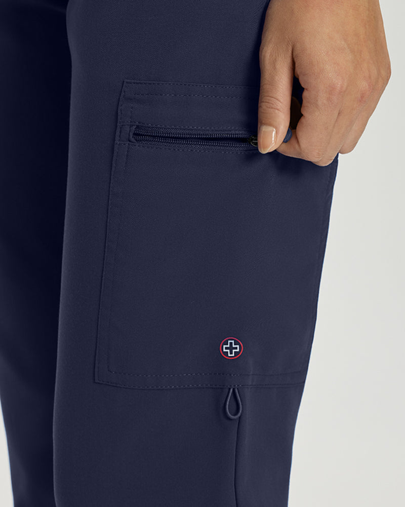 Navy - White Cross V-Tess Women's 6 Pocket Zipper Cargo Drawstring Scrub Pants Tall for Nursing