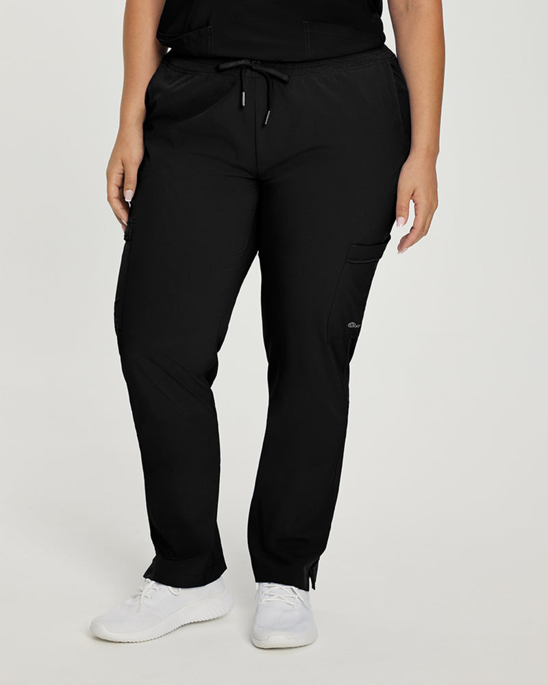Black - White Cross Fit Women's 6 Pocket Cargo Drawstring Scrub Pants for Nursing