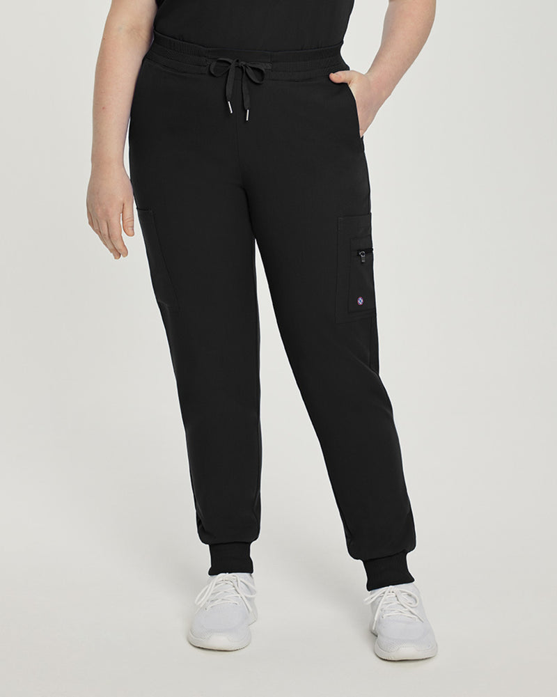 Black - White Cross V-Tess Women's 7 Pocket Zipper Cargo Jogger Drawstring Scrub Pants for Nursing