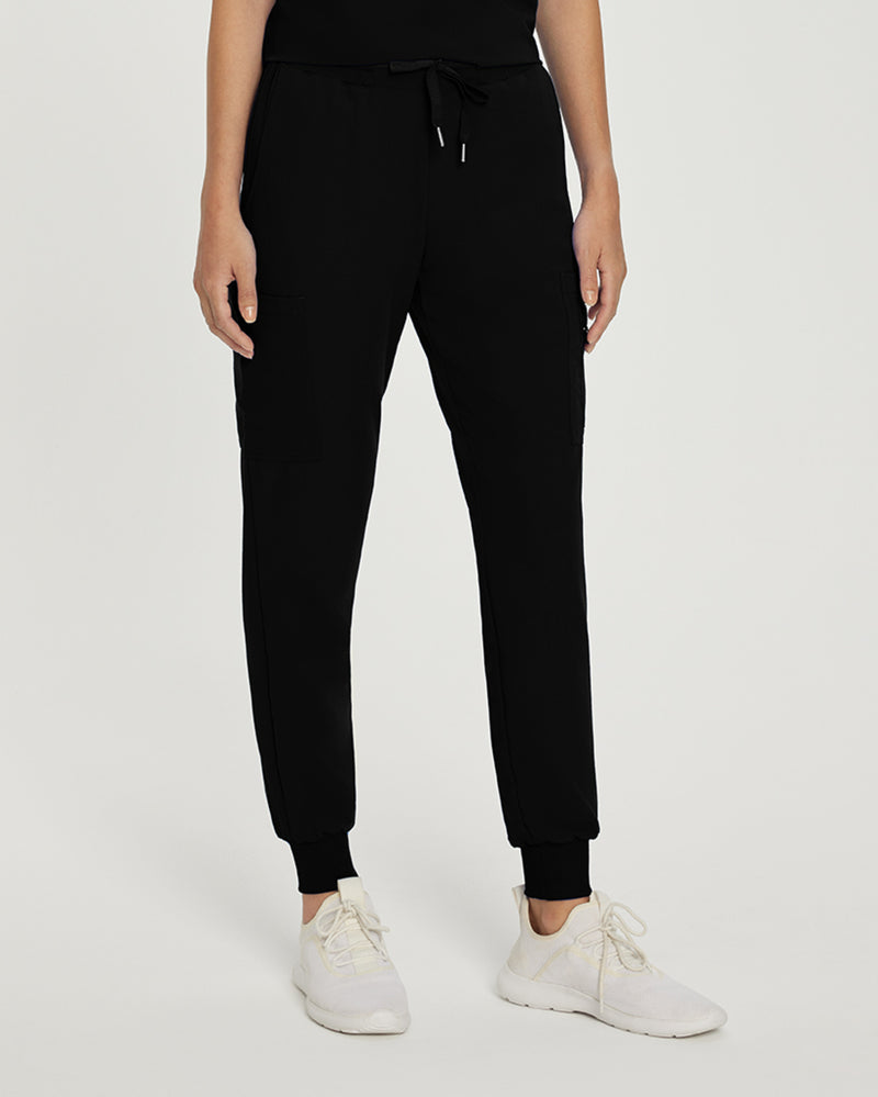 Black - White Cross V-Tess Women's 7 Pocket Zipper Cargo Jogger Drawstring Scrub Pants for Nursing