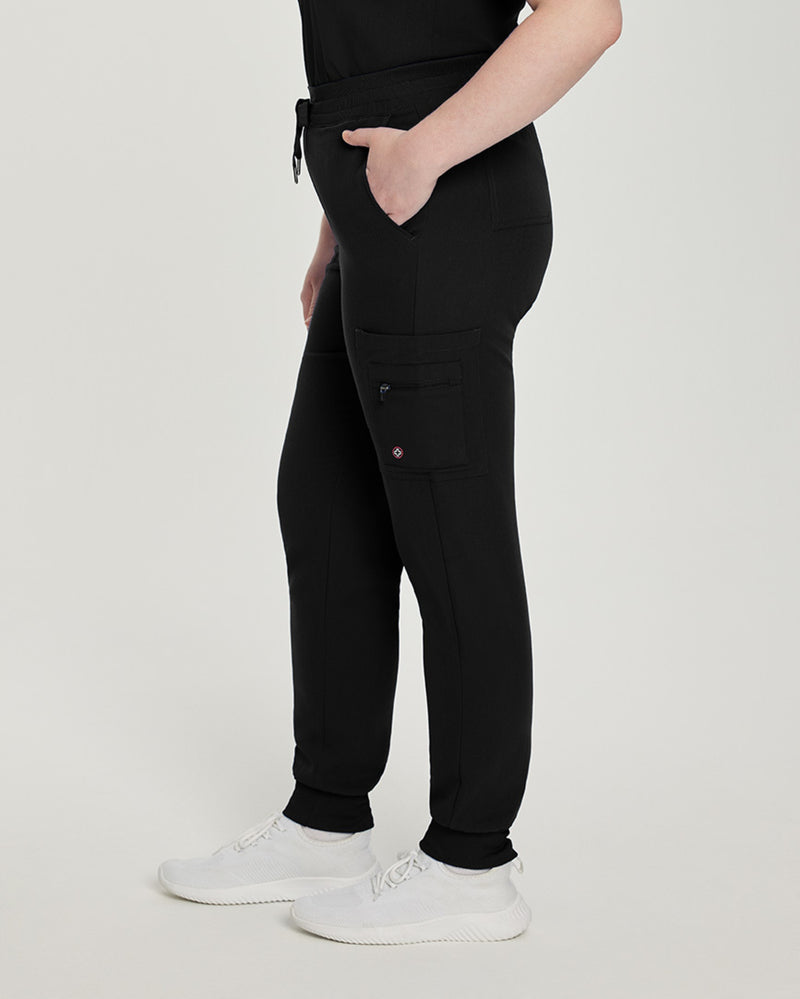 Black - White Cross V-Tess Women's 7 Pocket Zipper Cargo Jogger Drawstring Scrub Pants for Nursing