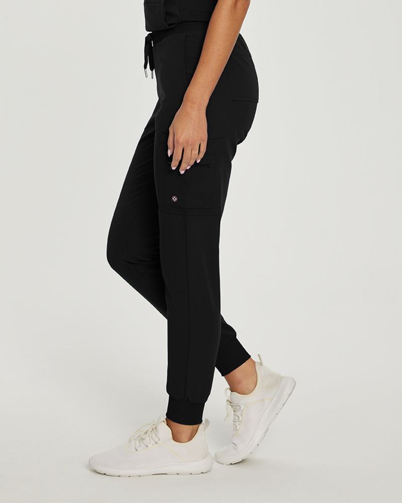 Black - White Cross V-Tess Women's 7 Pocket Zipper Cargo Jogger Drawstring Scrub Pants for Nursing