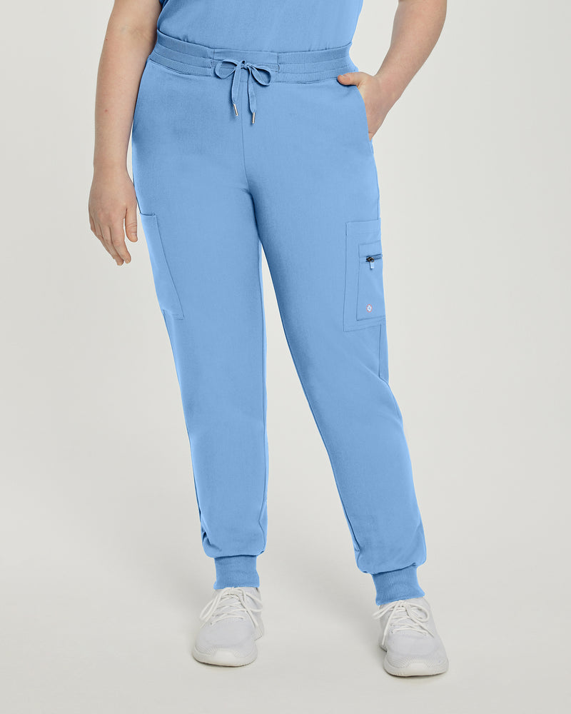Ceil Blue - White Cross V-Tess Women's 7 Pocket Zipper Cargo Jogger Drawstring Scrub Pants for Nursing