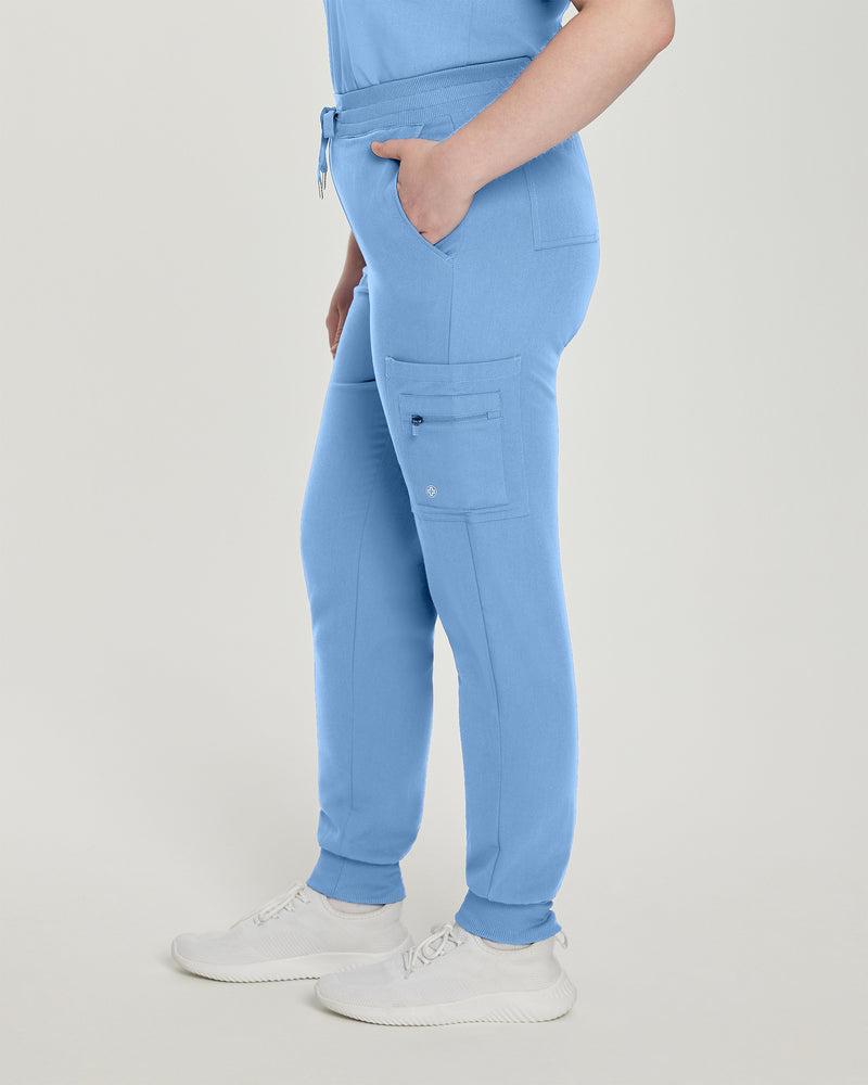 Ceil Blue - White Cross V-Tess Women's 7 Pocket Zipper Cargo Jogger Drawstring Scrub Pants for Nursing