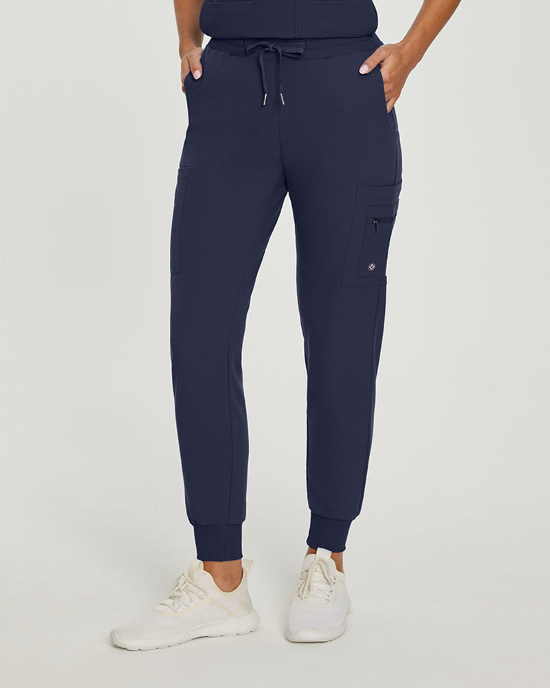 Navy - White Cross V-Tess Women's 7 Pocket Zipper Cargo Jogger Drawstring Scrub Pants for Nursing