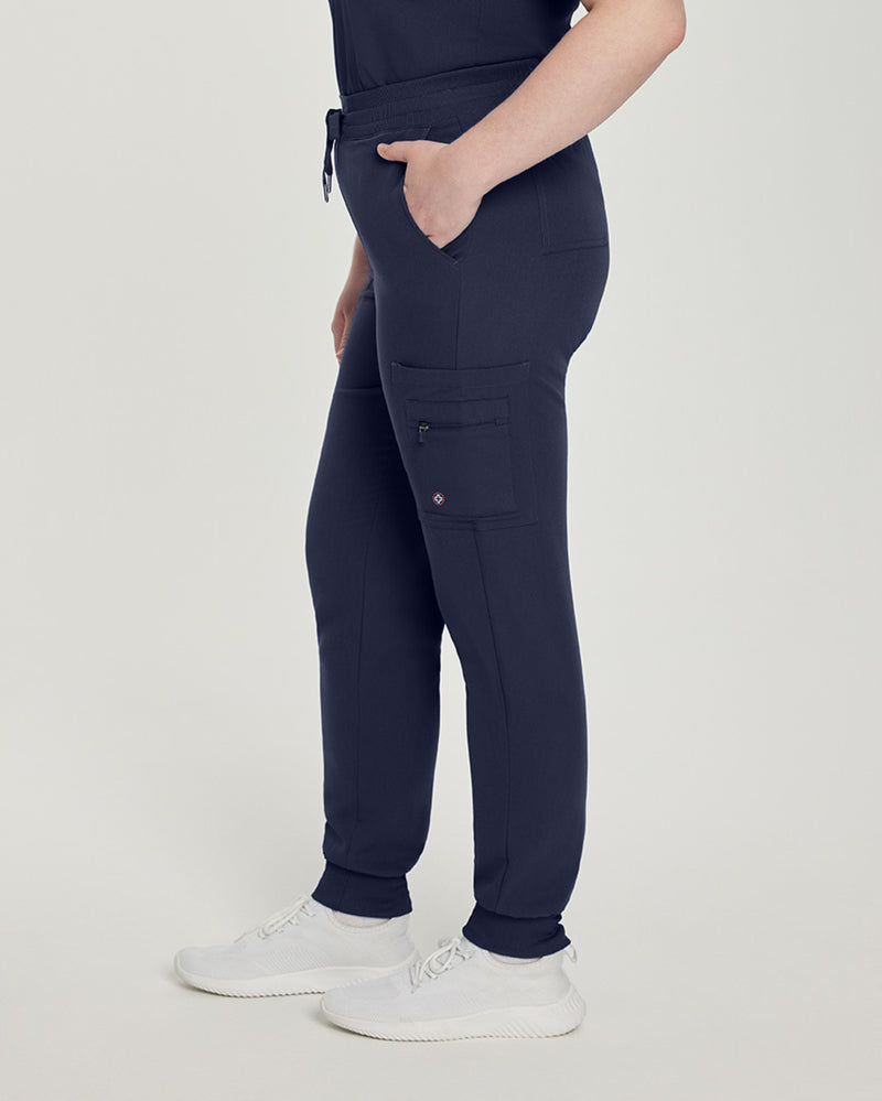 Navy - White Cross V-Tess Women's 7 Pocket Zipper Cargo Jogger Drawstring Scrub Pants for Nursing