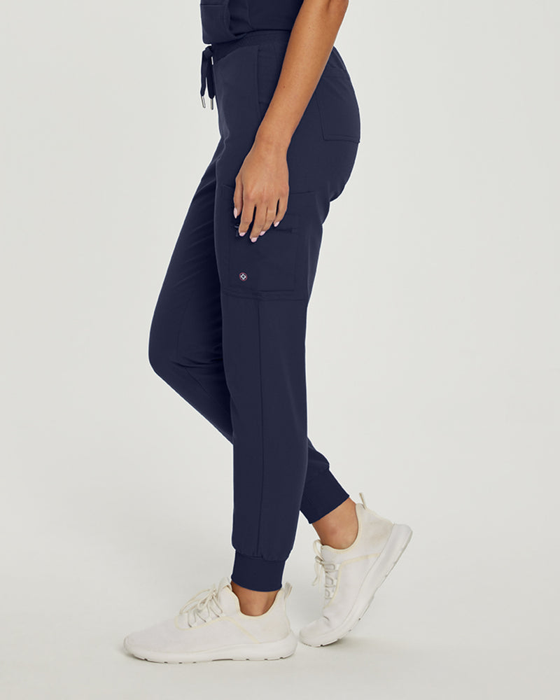 Navy - White Cross V-Tess Women's 7 Pocket Zipper Cargo Jogger Drawstring Scrub Pants for Nursing