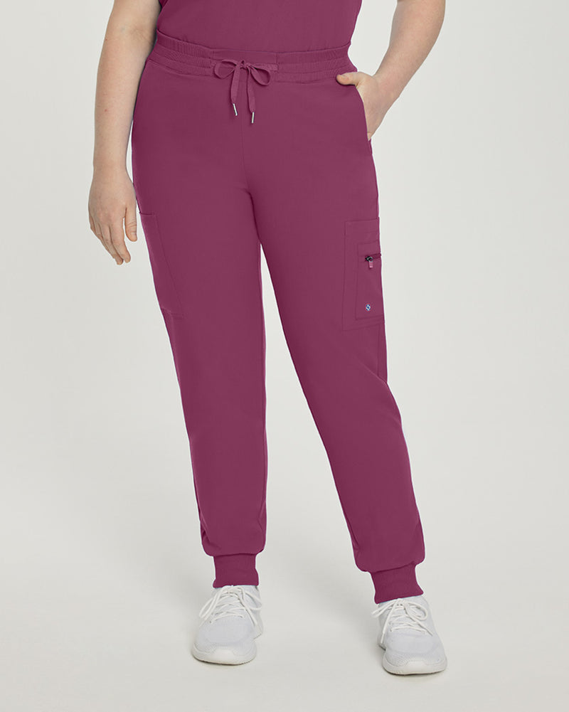 Raspberry Coulis - White Cross V-Tess Women's 7 Pocket Zipper Cargo Jogger Drawstring Scrub Pants for Nursing