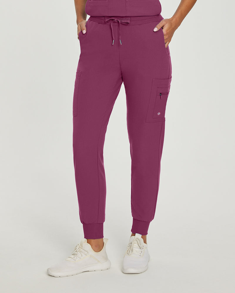 Raspberry Coulis - White Cross V-Tess Women's 7 Pocket Zipper Cargo Jogger Drawstring Scrub Pants for Nursing
