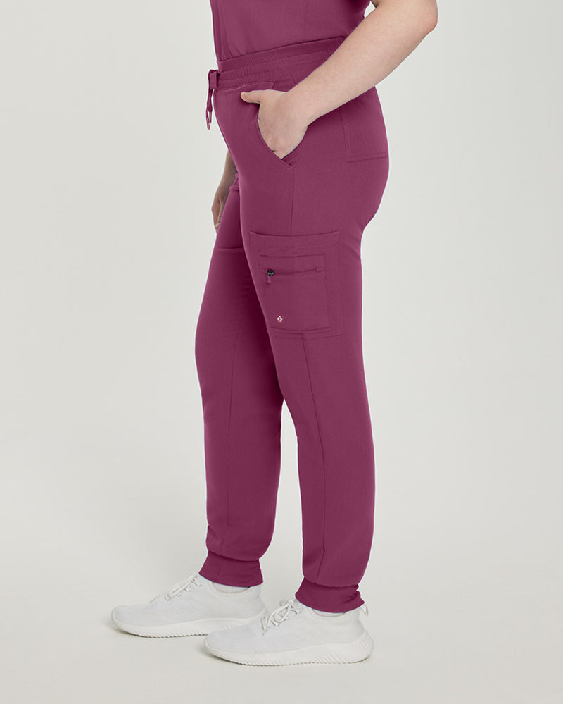 Raspberry Coulis - White Cross V-Tess Women's 7 Pocket Zipper Cargo Jogger Drawstring Scrub Pants for Nursing