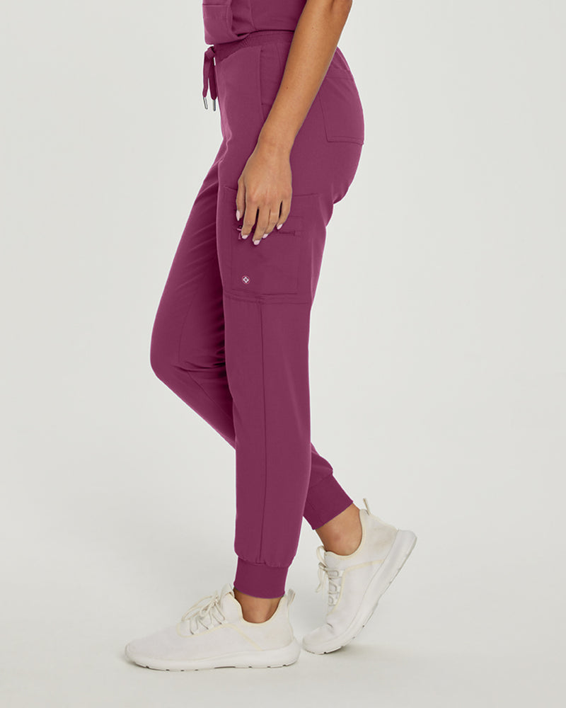 Raspberry Coulis - White Cross V-Tess Women's 7 Pocket Zipper Cargo Jogger Drawstring Scrub Pants for Nursing