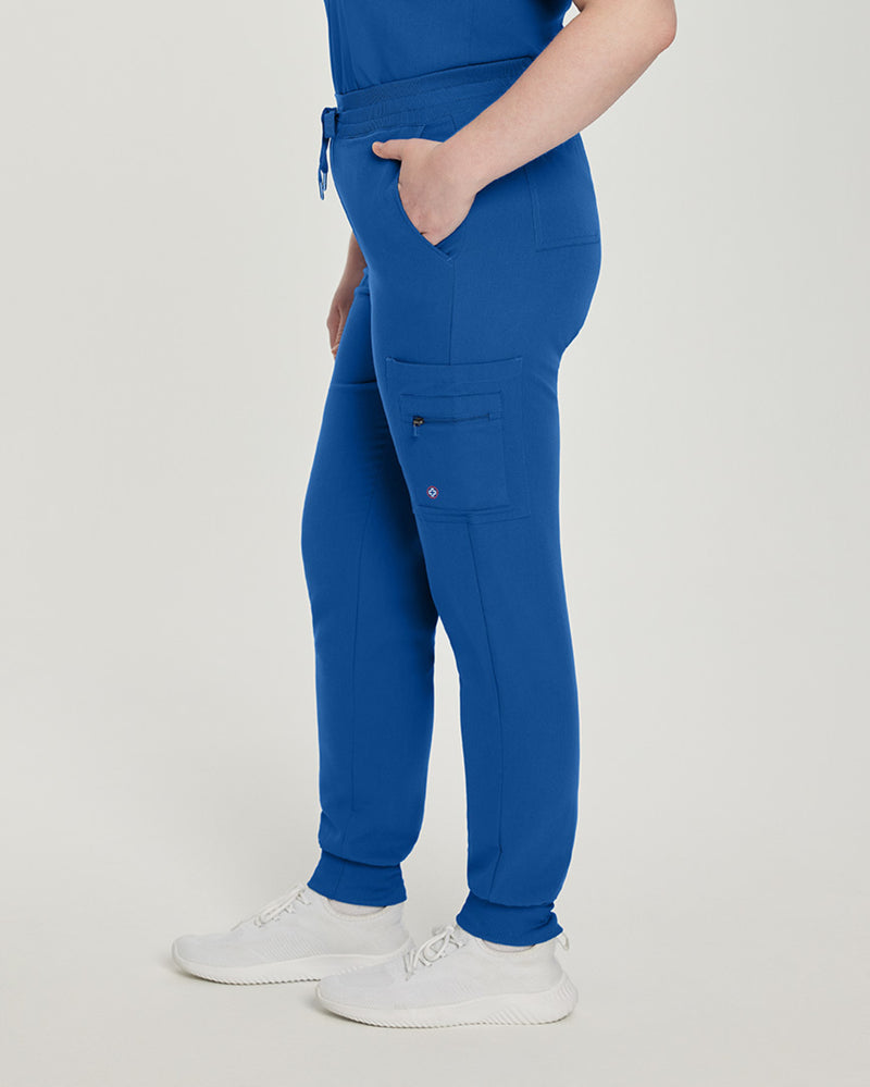 Royal Blue - White Cross V-Tess Women's 7 Pocket Zipper Cargo Jogger Drawstring Scrub Pants for Nursing
