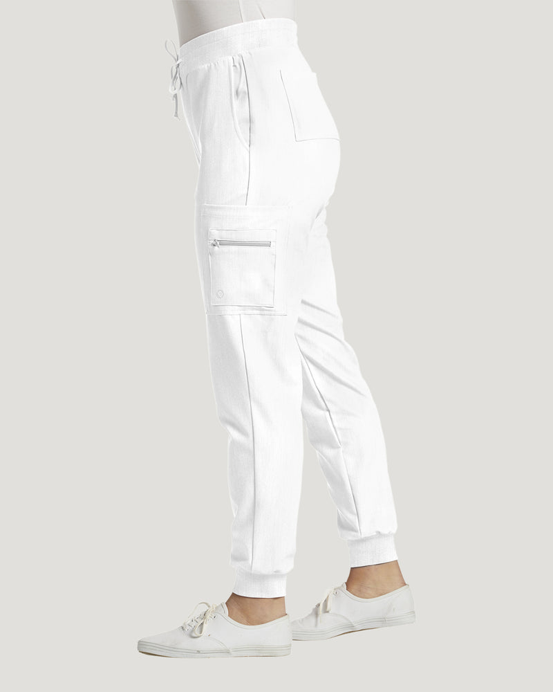White - White Cross V-Tess Women's 7 Pocket Zipper Cargo Jogger Drawstring Scrub Pants for Nursing