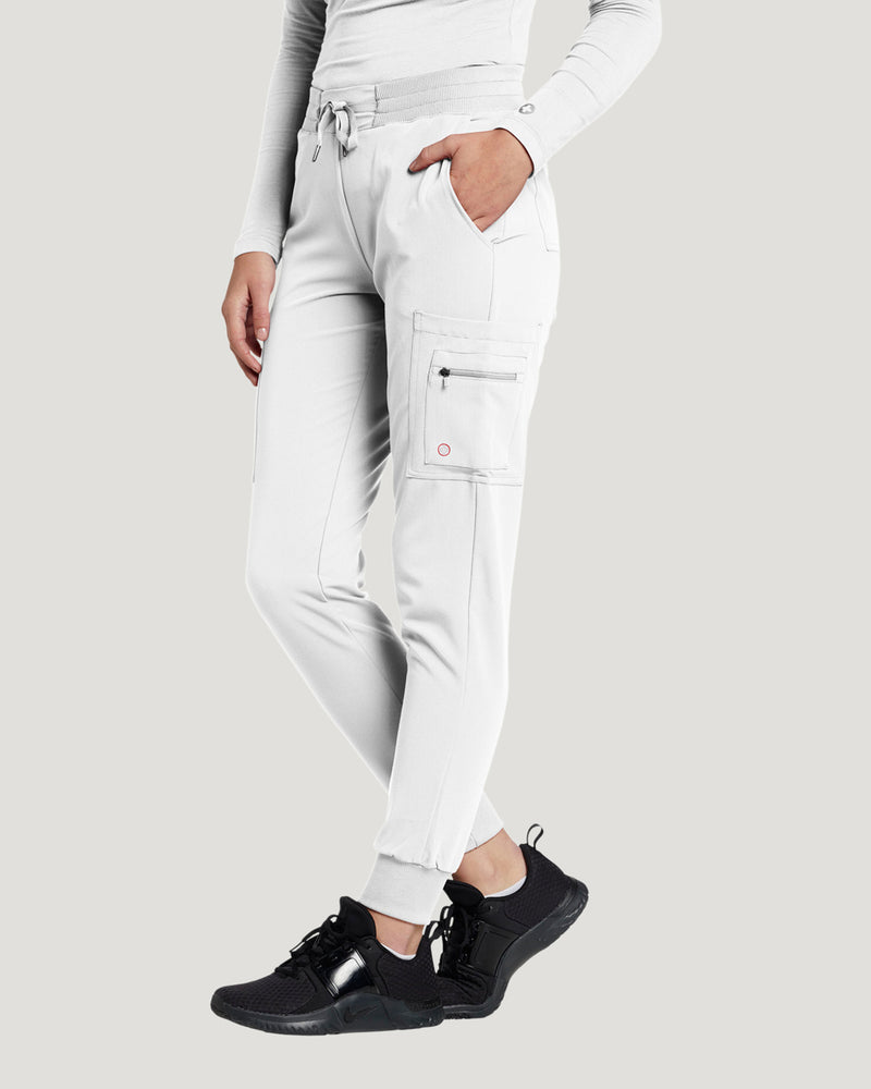 White - White Cross V-Tess Women's 7 Pocket Zipper Cargo Jogger Drawstring Scrub Pants for Nursing