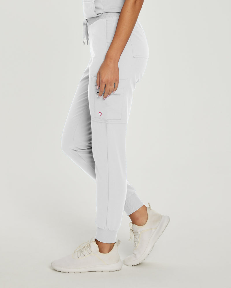 White - White Cross V-Tess Women's 7 Pocket Zipper Cargo Jogger Drawstring Scrub Pants for Nursing