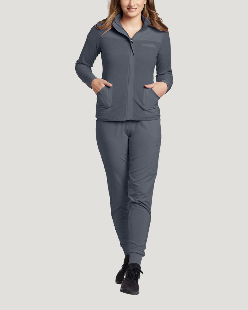 Pewter - White Cross Fit Women's 3 Pocket Zip Front Warm-Up Scrub Jacket for Nursing