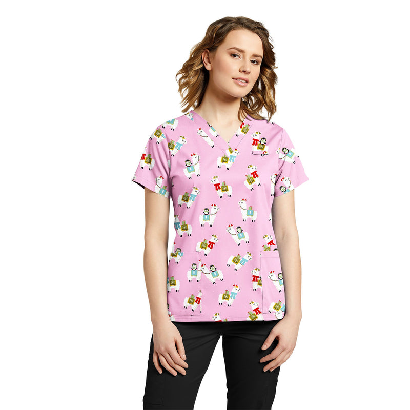 Alpaca Sally - Pink - White Cross Women's Scrub Tops - Front View