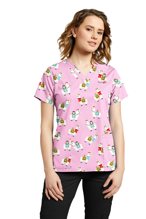 White Cross Prints Women's 3 Pocket Printed V-Neck Scrub Top for Nursing