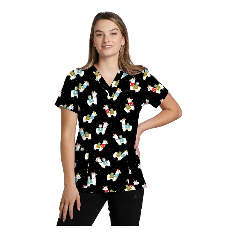 Alpaca Sally - Pewter - White Cross Prints Women's 3 Pocket Printed V-Neck Scrub Top for Nursing