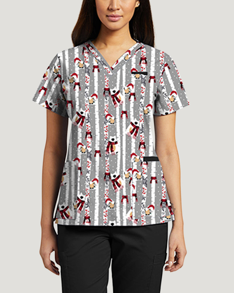 Print: HYT - White Cross Prints Women's 3 Pocket Printed V-Neck Scrub Top for Nursing