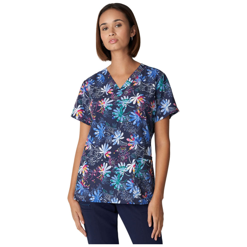 Moon Shadow - White Cross Prints Women's 3 Pocket Printed V-Neck Scrub Top for Nursing