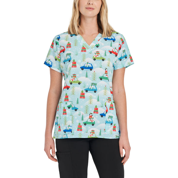 White Cross Prints Women's 3 Pocket Printed V-Neck Scrub Top for Nursing