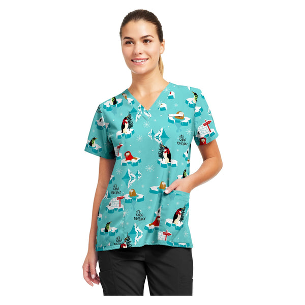 White Cross Prints Women's 3 Pocket Printed V-Neck Scrub Top for Nursing