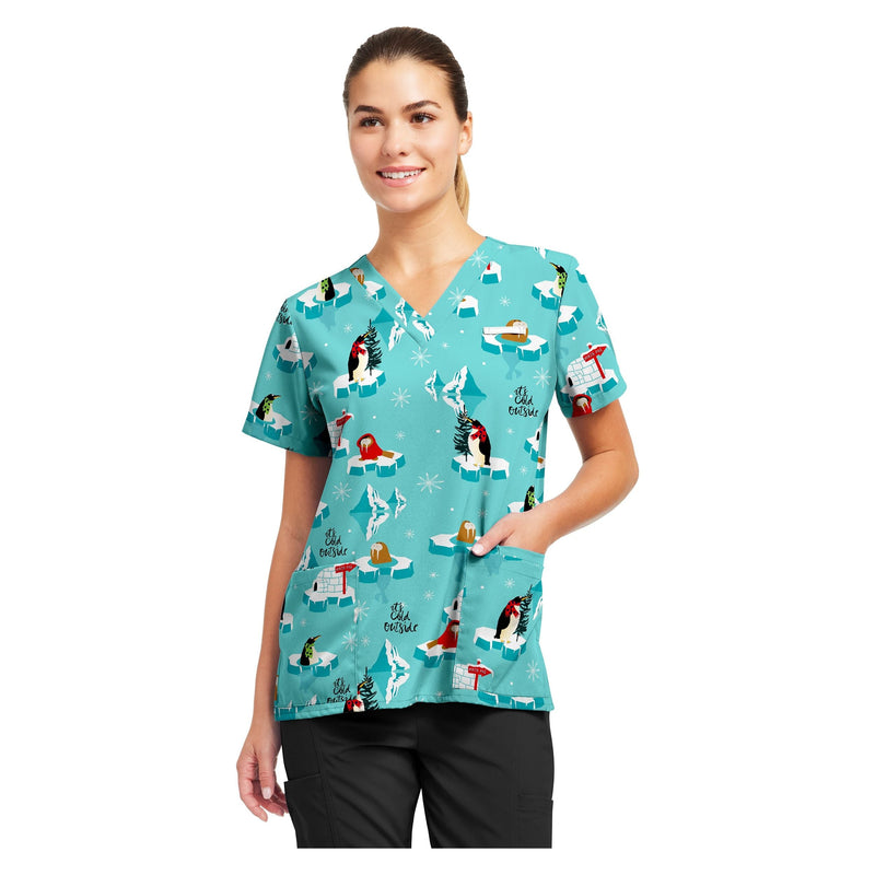 Polar Plunge - White Cross Prints Women's 3 Pocket Printed V-Neck Scrub Top for Nursing