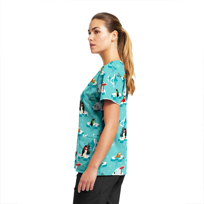 Polar Plunge - White Cross Prints Women's 3 Pocket Printed V-Neck Scrub Top for Nursing