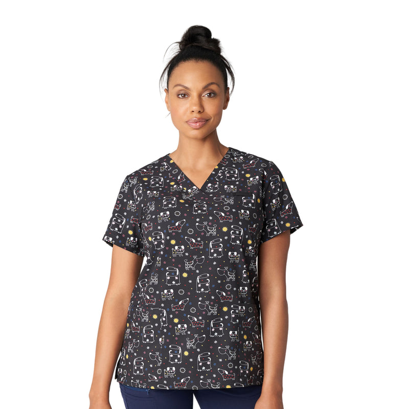 Puppy Playdate - White Cross Women's Scrub Tops - Front View