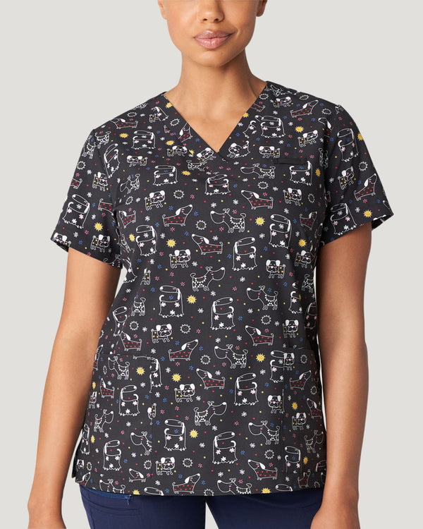 White Cross Prints Women's 3 Pocket Printed V-Neck Scrub Top for Nursing