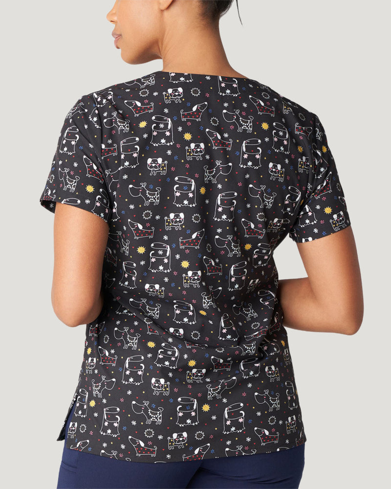 Puppy Playdate - White Cross Prints Women's 3 Pocket Printed V-Neck Scrub Top for Nursing