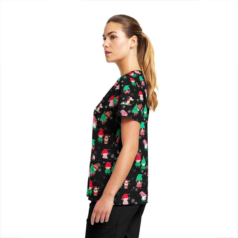 Santa'S Helpers - White Cross Prints Women's 3 Pocket Printed V-Neck Scrub Top for Nursing