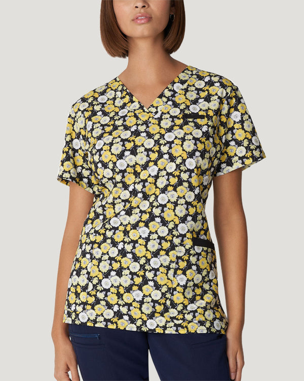 White Cross Prints Women's 3 Pocket Printed V-Neck Scrub Top for Nursing