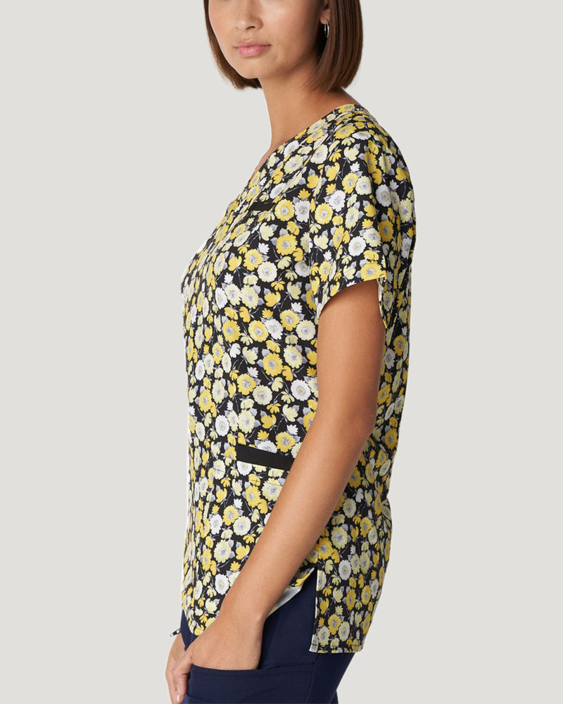 Sunshiny Day - White Cross Prints Women's 3 Pocket Printed V-Neck Scrub Top for Nursing