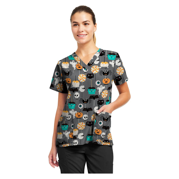 White Cross Prints Women's 3 Pocket Printed V-Neck Scrub Top for Nursing
