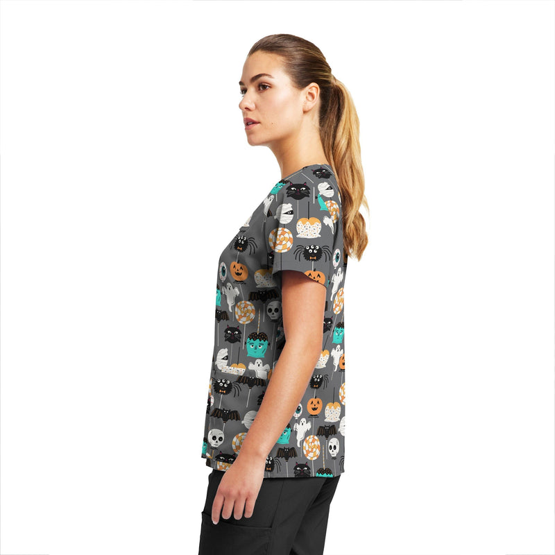 Spooky Lollipops - White Cross Prints Women's 3 Pocket Printed V-Neck Scrub Top for Nursing