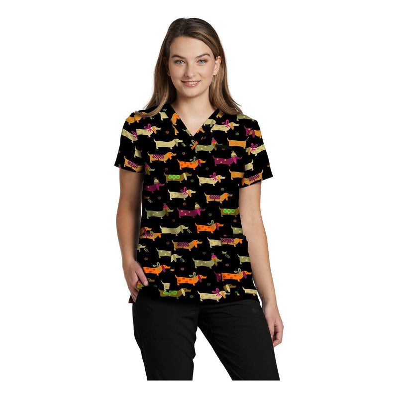 Teckle Toques - White Cross Prints Women's 3 Pocket Printed V-Neck Scrub Top for Nursing