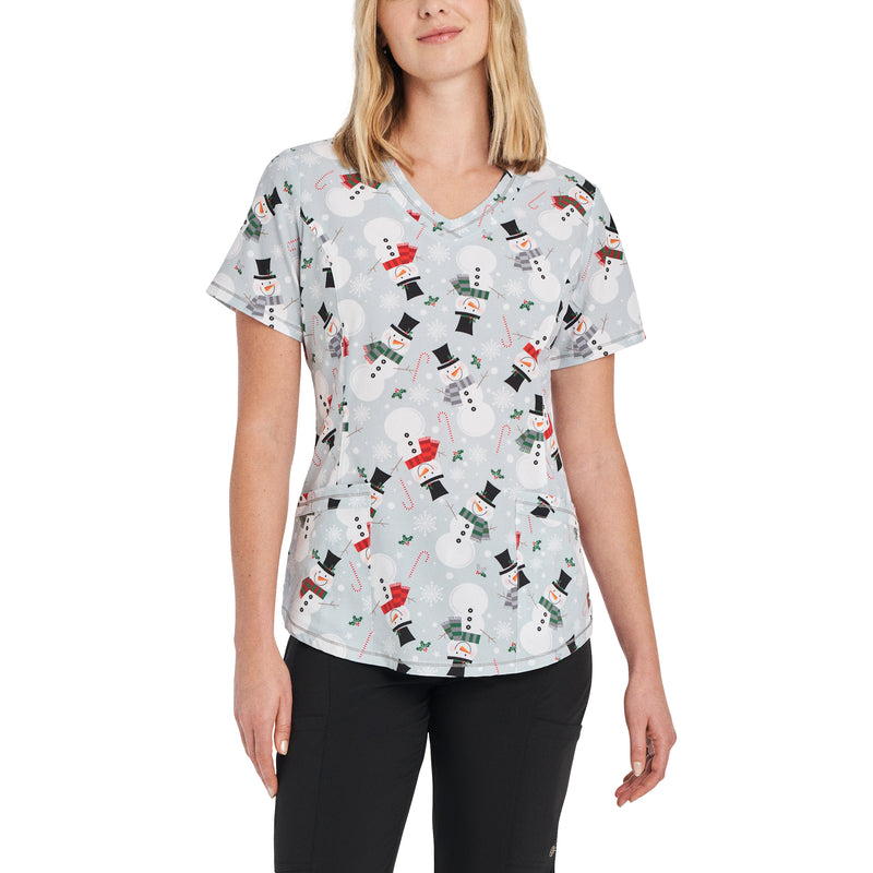 Holly Snowmen - White Cross Women's Scrub Tops - Front View